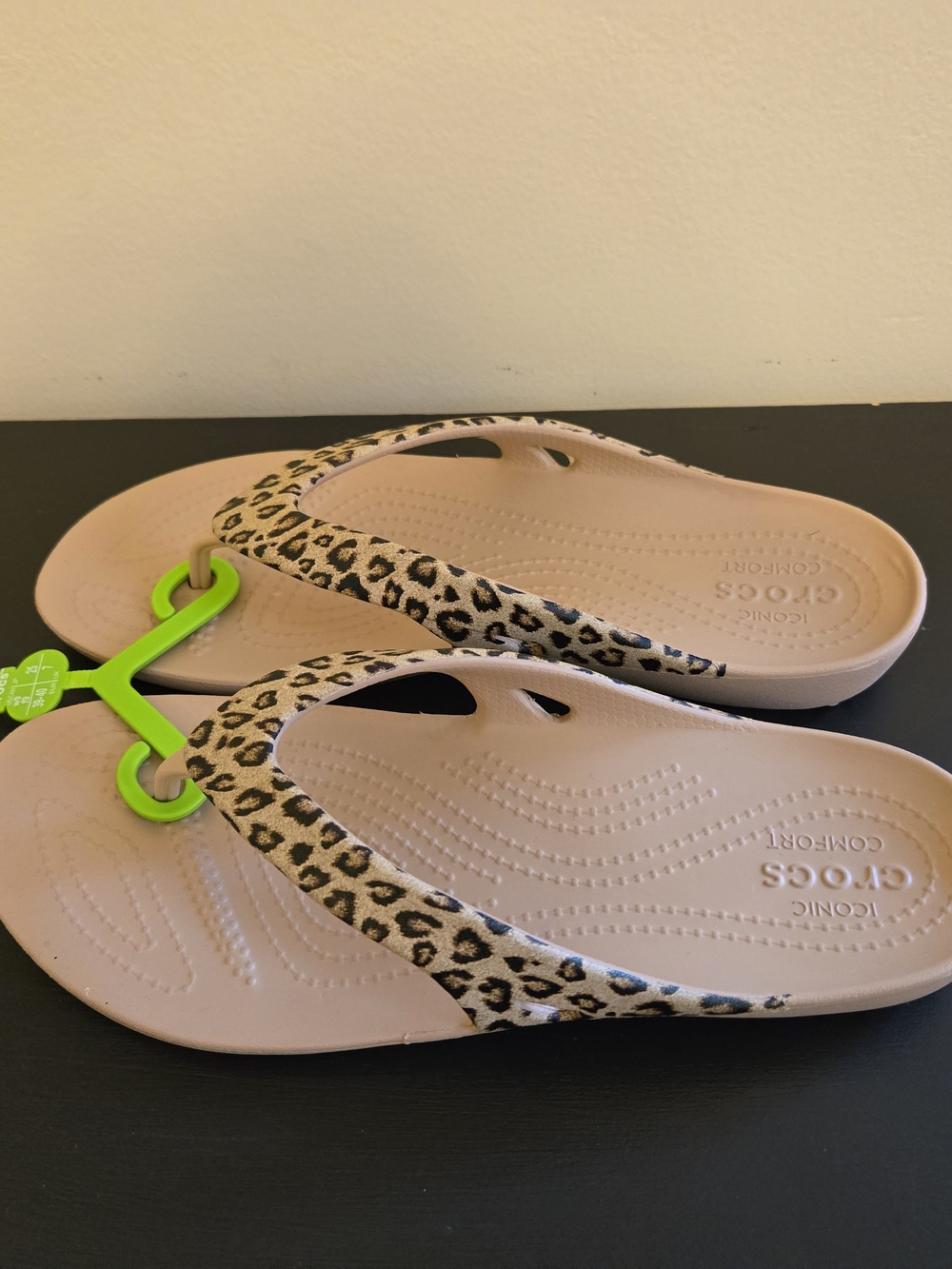 CROCS Beige Flip Flops with Leopard Print Straps Brand New Women Size 9